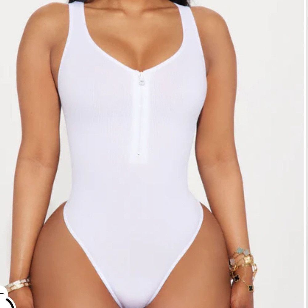 Fashion Nova White Zip-Up Bodysuit